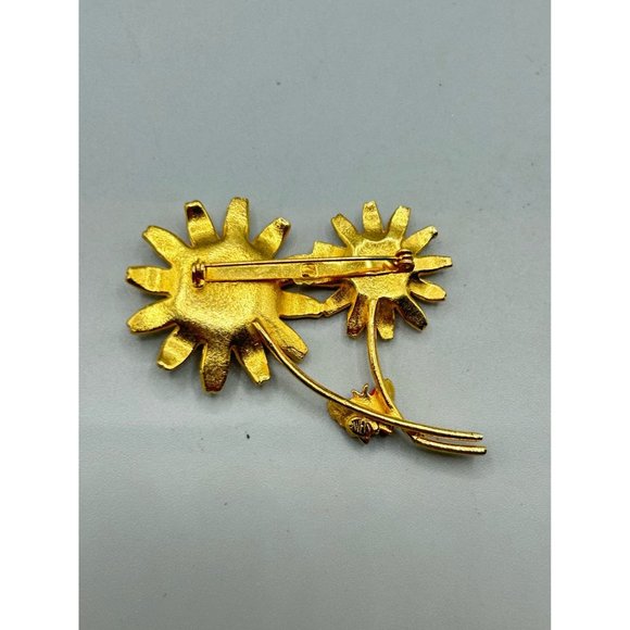 Vintage Daisy Pin Brooch 70s Enamel Flowers with Lady Bug Gold Tone White Enamel - Picture 8 of 13